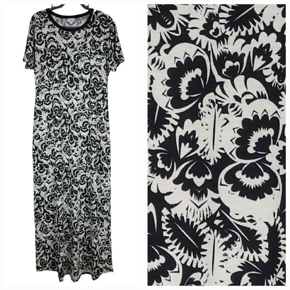 LuLaRoe Maria Maxi Dress L 14/16 Black & White Floral A-line Cap Sleeve Long NWT - Picture 1 of 11